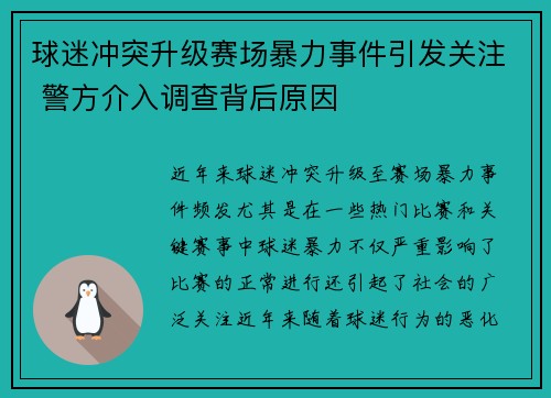 球迷冲突升级赛场暴力事件引发关注 警方介入调查背后原因